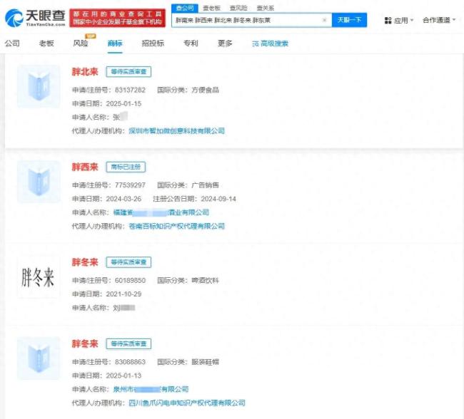 胖南来、胖西来、胖北来商标遭抢注