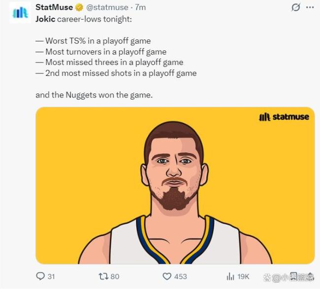 约基奇8失误登全美第一热搜：美媒晒4耻辱数据 季后赛生涯最差一战