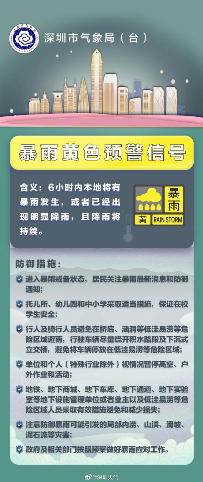深圳發(fā)布暴雨黃色預(yù)警信號(hào) 全市進(jìn)入戒備狀態(tài)