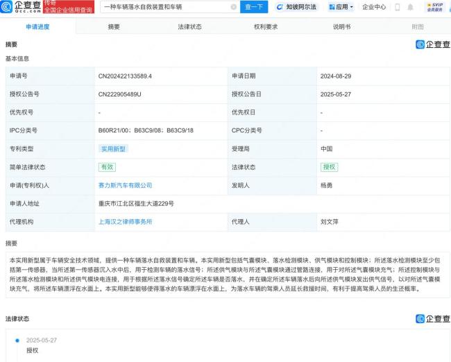 賽力斯落水自救相關(guān)專利獲授權(quán) 提升駕乘人員生還概率