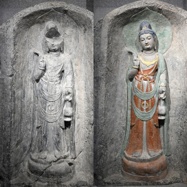 左圖為龍門石窟萬(wàn)佛洞窟前南壁菩薩造像的3D打印模型；右圖為利用數(shù)字化技術(shù)復(fù)原后的3D打印模型（2025年4月10日攝，拼版照片）。復(fù)原后的像龕精妙絕倫，栩栩如生，被游客譽(yù)為“龍門最美菩薩”。圖片來(lái)源新華社