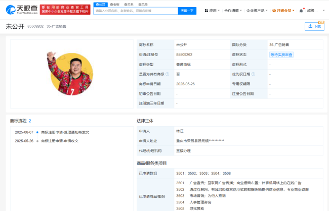 卤鹅哥申请身穿花棉袄形象商标 多领域商标待审