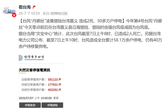 “丹娜絲”致臺(tái)灣2死50多萬(wàn)戶停電