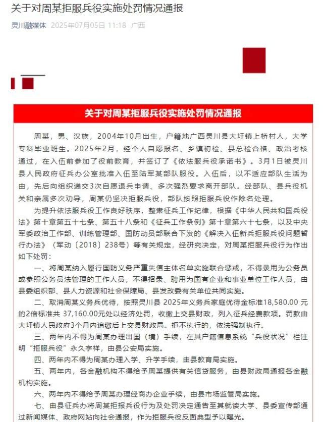 廣西桂林一男子拒服兵役被罰
