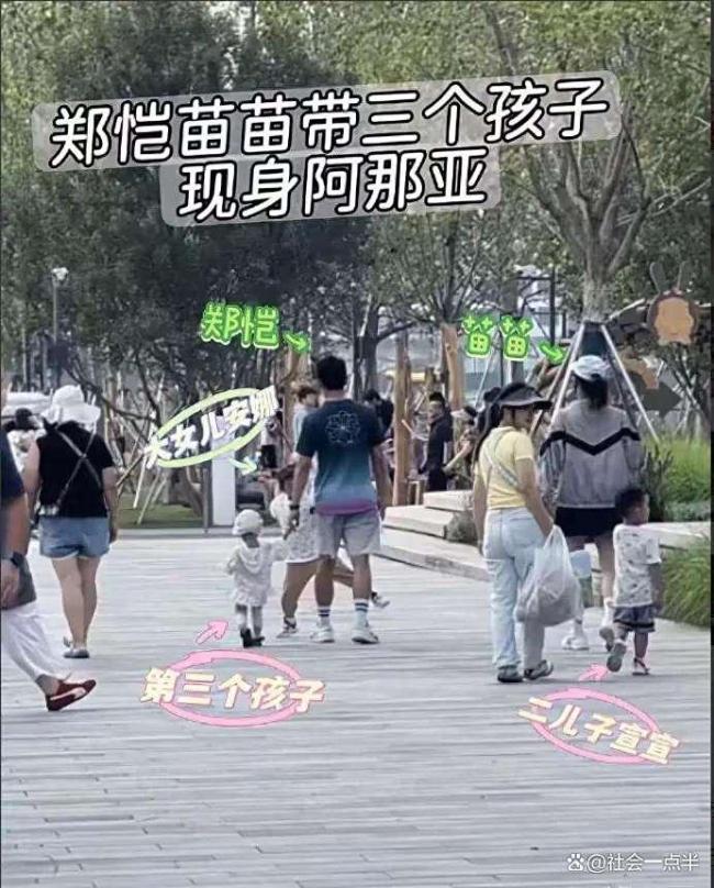 鄭愷苗苗帶三個孩子出行 一家五口首次同框