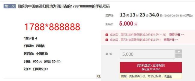 8个8手机靓号将以5000元起拍