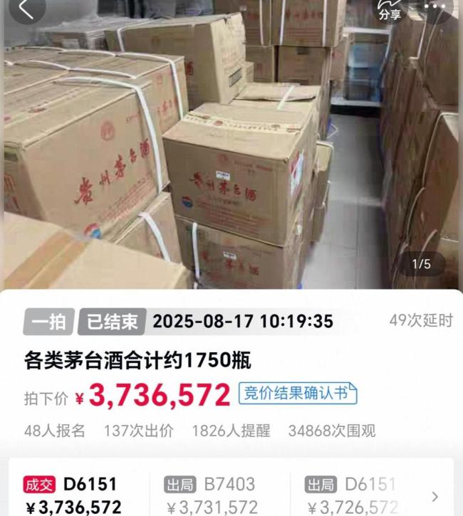 1750瓶茅臺被法拍 成交價373.65萬：黑社會資產拍賣