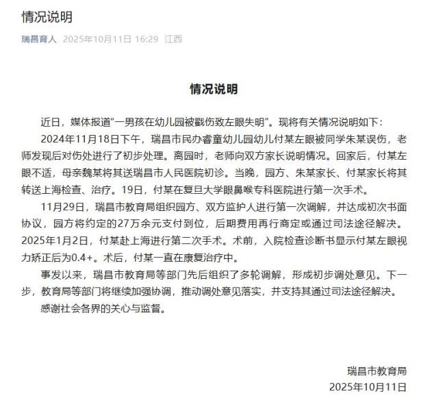 男孩被戳伤失明幼儿园已支付27万