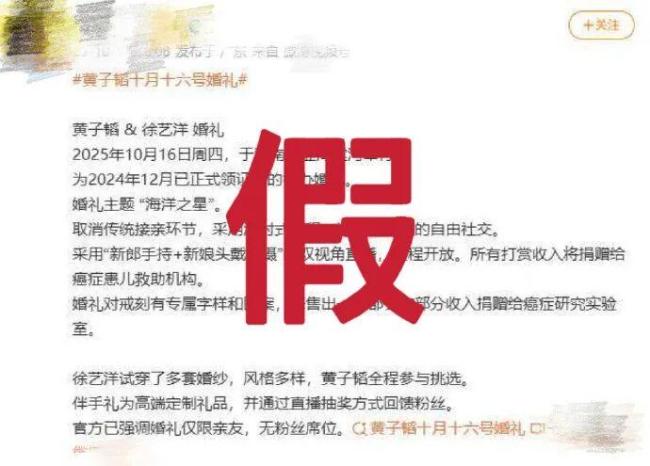 黄子韬徐艺洋工作室打假 辟谣世纪婚礼谣言