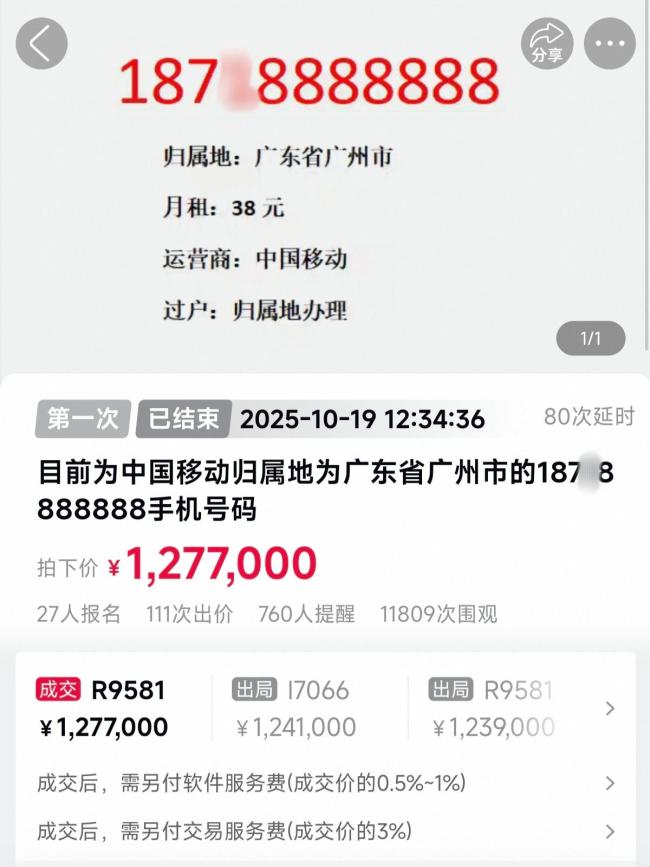 一天拍出两个8888888号总价223万