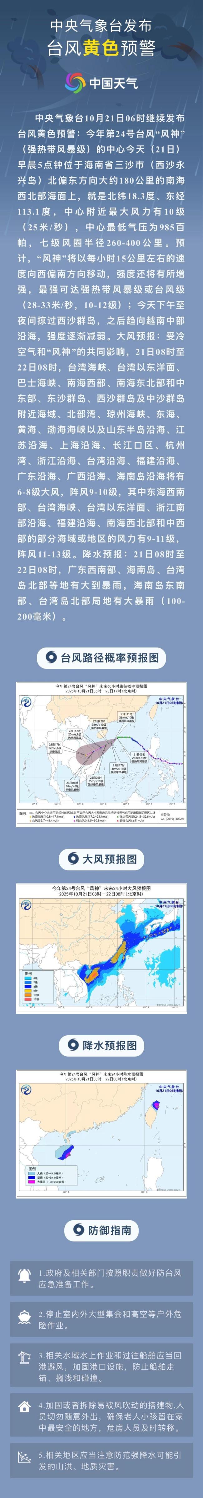 中央气象台继续发布台风、大风黄色预警 风神逼近西沙群岛