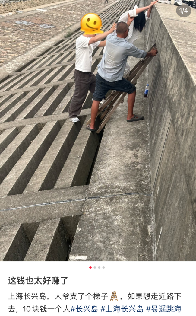 5元一人，架梯子收费让人翻过江堤打卡网红地