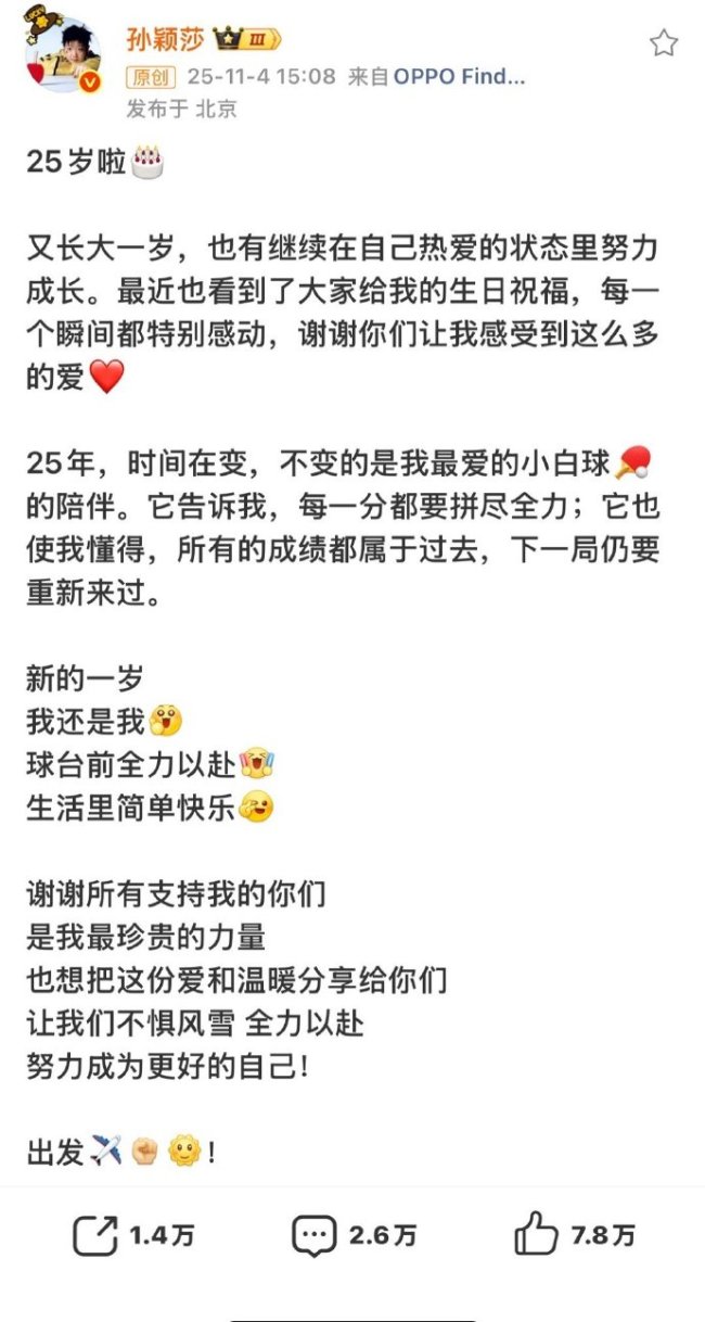孙颖莎生日发博:时间在变,不变的是我最爱的小白球