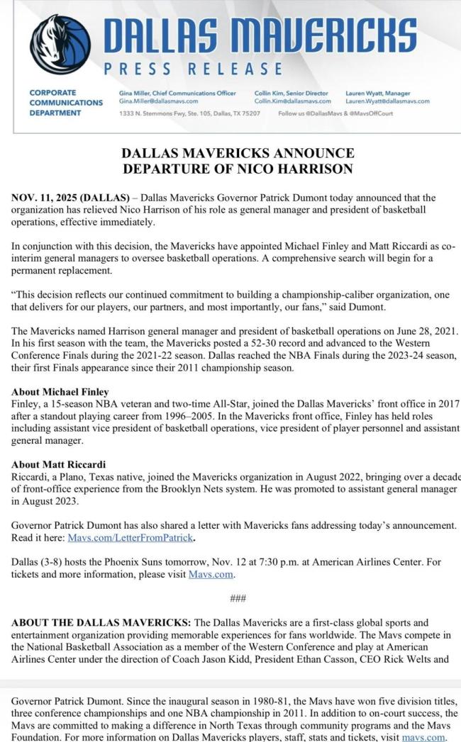 独行侠解雇总经理尼科哈里森 球队启动全面招聘流程