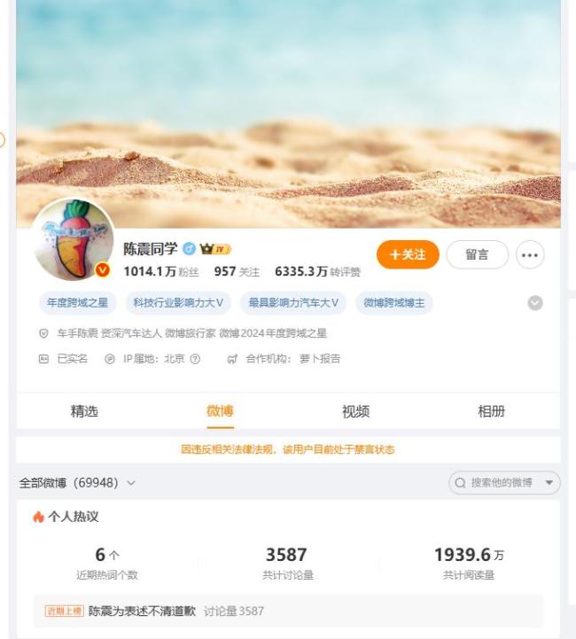 车评人陈震全网禁言 多平台账号受限