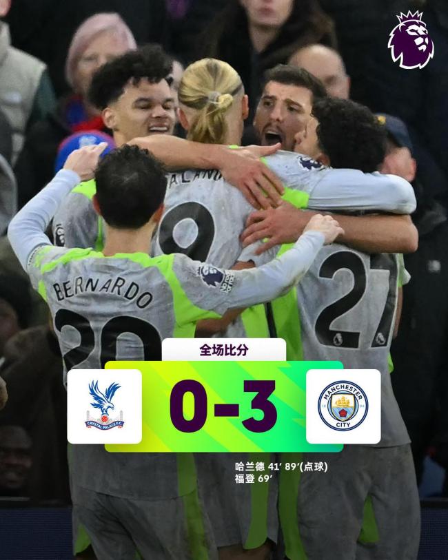福登贴地斩哈兰德双响 曼城3-0水晶宫 夺5连胜距榜首2分