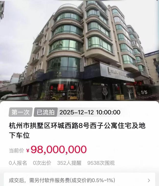 9800万起拍的西湖边豪宅流拍 高价位与租约成阻碍
