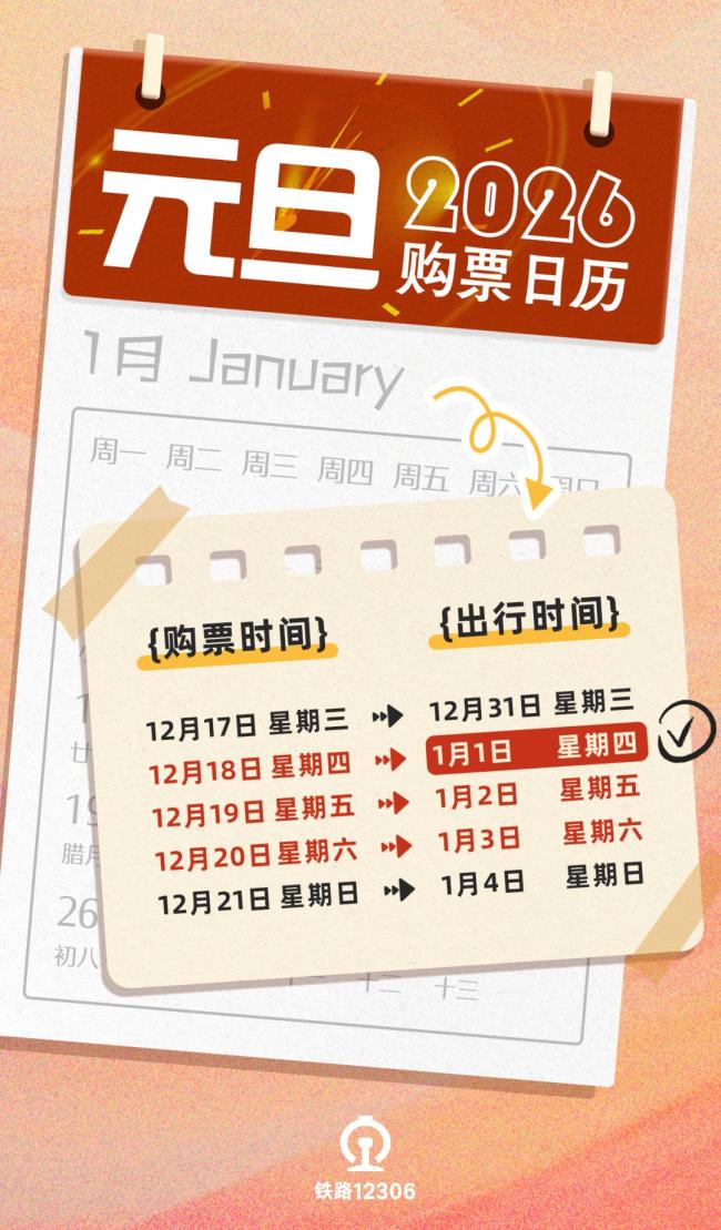 元旦连休3天!假期购票日历来了 后天开抢首日票