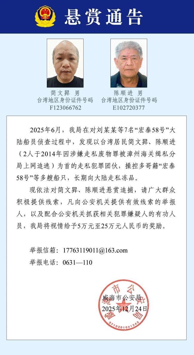 公安悬赏25万追捕2名台湾嫌犯 国台办回应