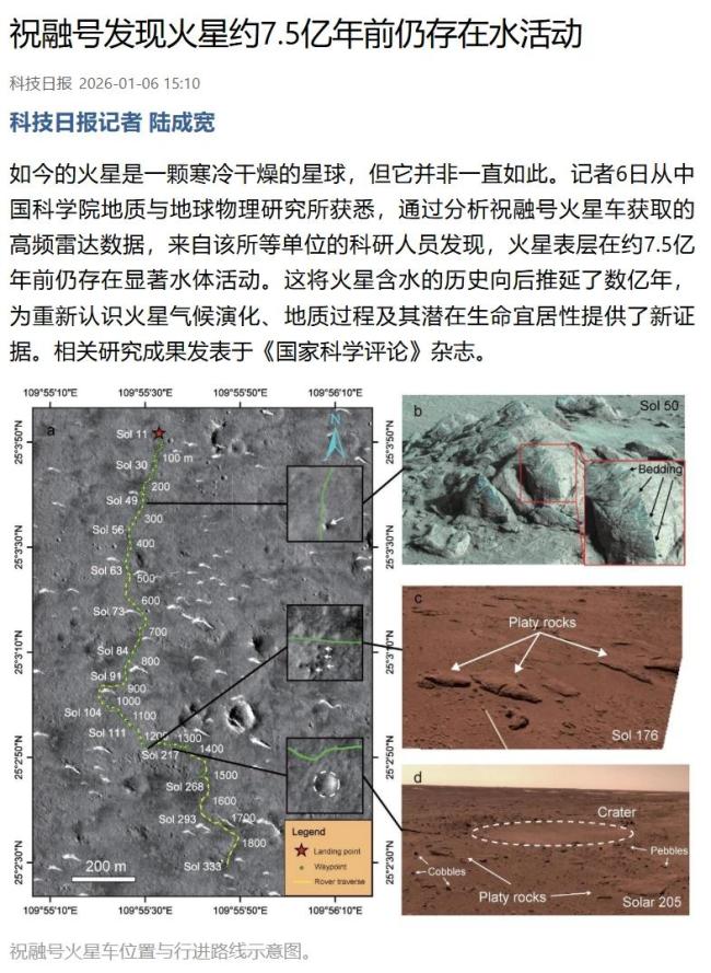 祝融号有新发现 火星7.5亿年前仍存水体活动