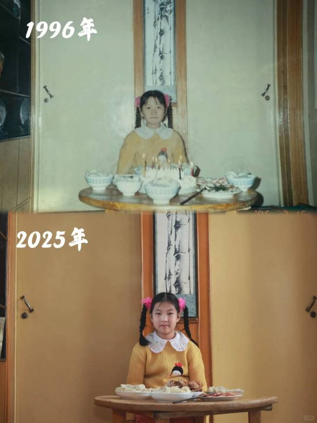 女儿穿妈妈儿时衣服拍同款对比照