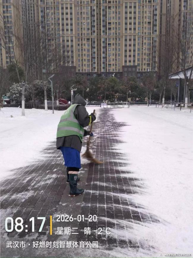 武汉园林工人清晨公园忙扫雪 铺就安全赏雪路