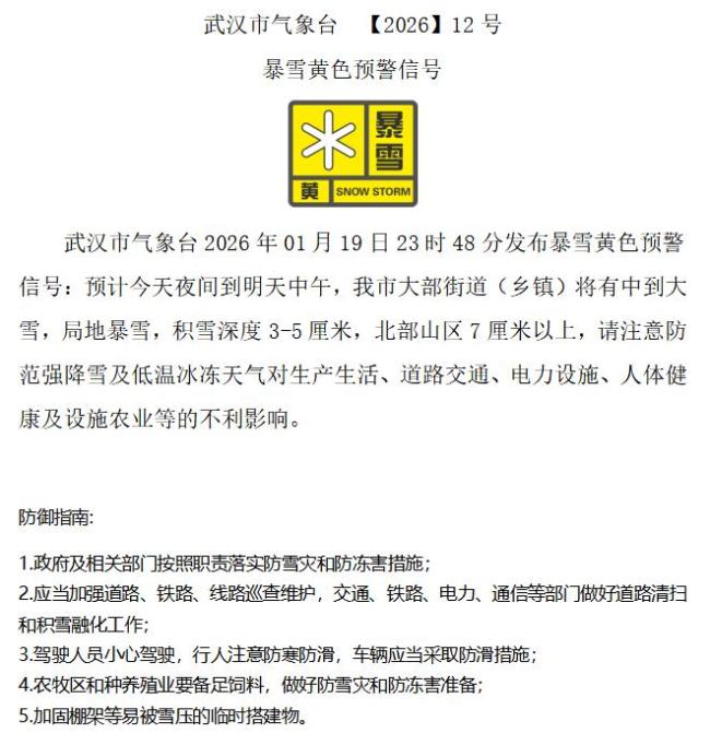 武汉发布暴雪黄色预警
