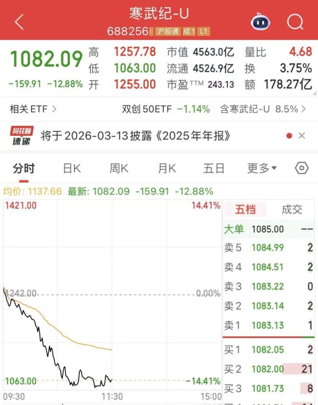 寒武纪大跌13%，A股超4400股飘红，港股科技巨头跳水 市场情绪分化显著