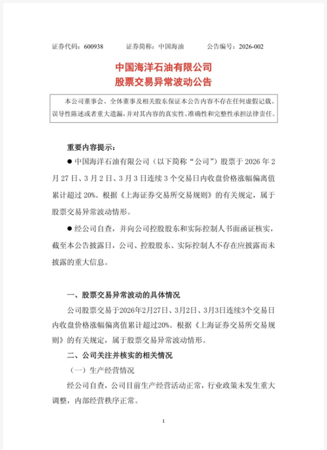 中石油中石化中海油公告 股价异常波动提示风险