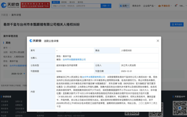 易烊千玺告眼镜公司侵权索赔50.5万 东谈主格权纠纷案将开庭