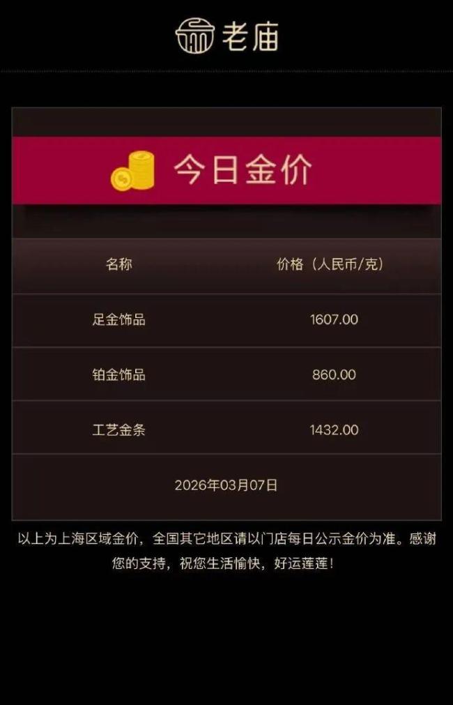 金饰克价涨到1607元