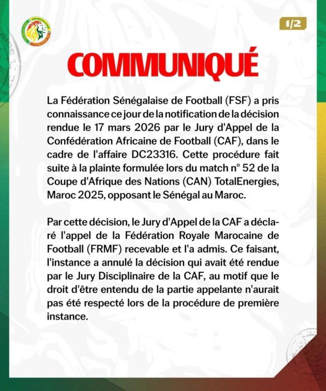 非洲杯夺冠2个月后遭剥夺 塞内加尔官宣上诉：谴责史无前例的判决，捍卫足球公正