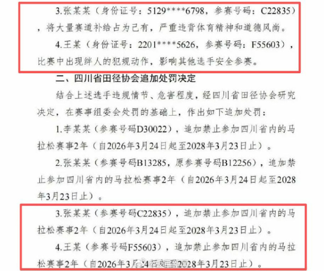 违背体育精神，影响比赛安全，成都马拉松“打包哥”“劈叉姐”各被禁赛两年，组委会回应