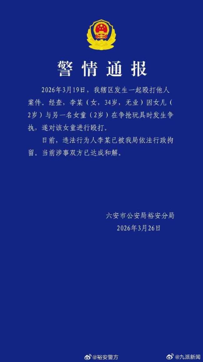 因抢玩具殴打2岁女童女子被拘留