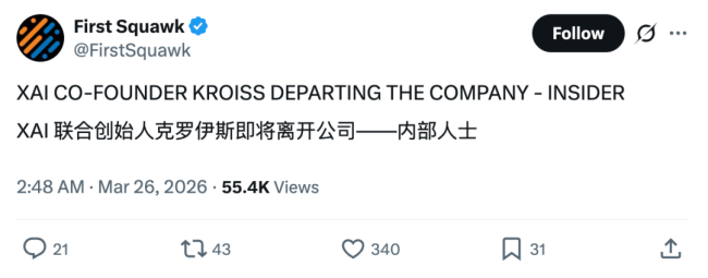 马斯克xAI联创11跑10