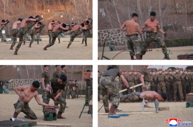 金正恩观摩士兵徒手碎砖、胸口碎大石