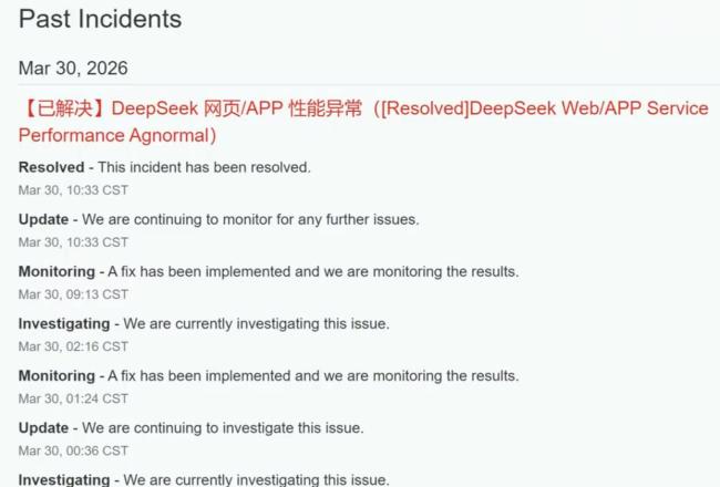 DeepSeek公告:已解决故障