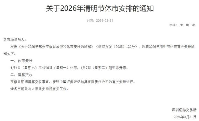 A股清明节休市安排发布 4日至6日休市