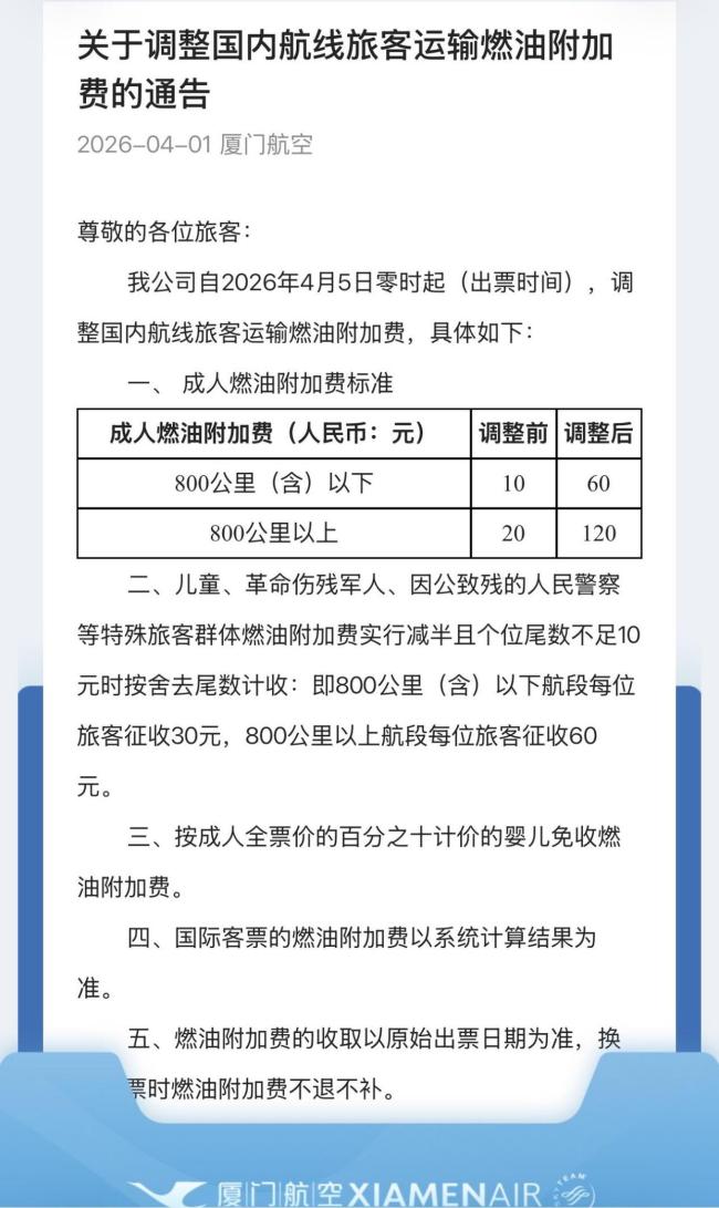 厦门航空回应燃油附加费上涨5倍 油价驱动调整