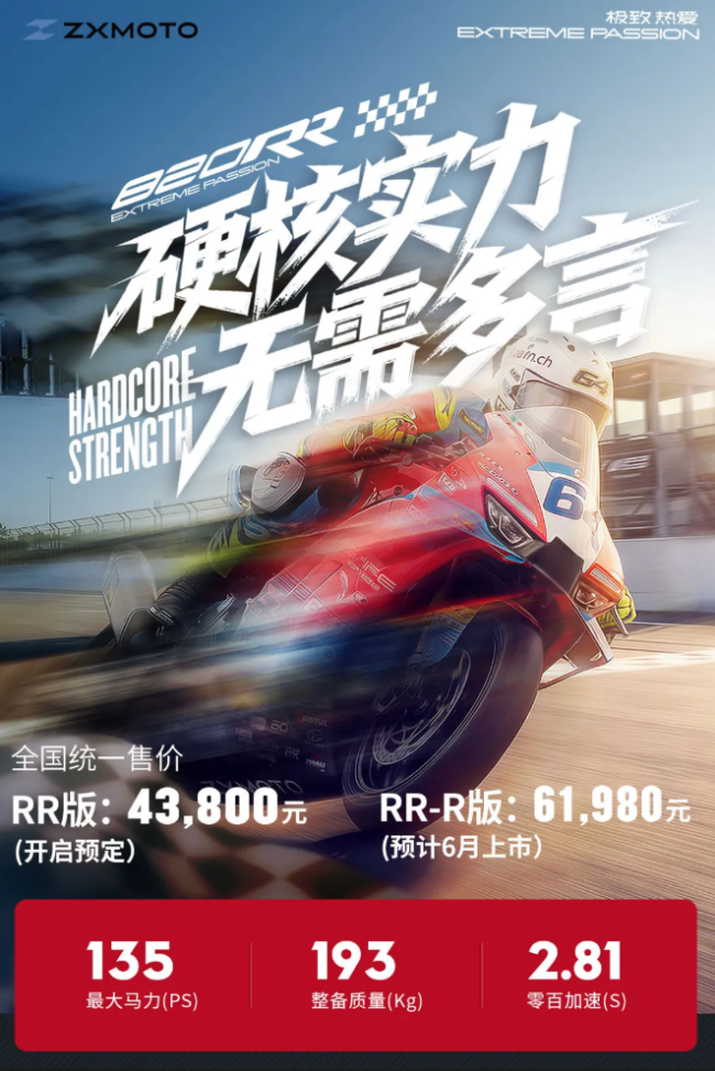 张雪820RR正式量产下线 冠军车型安全出发