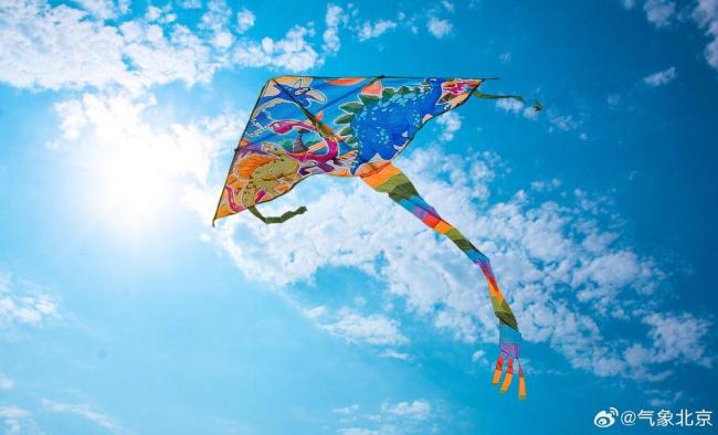 北京今天白天晴间多云,最高气温22℃,阵风明显