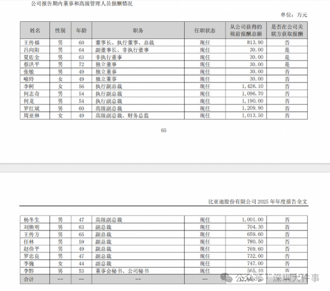 比亚迪女高管年薪1013.5万打破天花板
