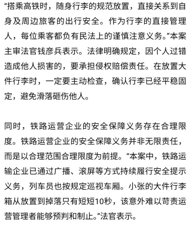 高铁上行李箱砸伤旅客谁负责 隐患引发责任探讨