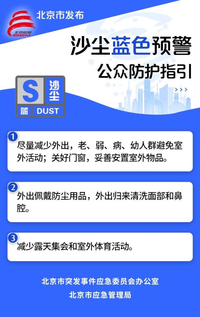 北京市发布大风蓝色预警：大部阵风可达7至8级山区局地10级以上 伴有沙尘天气