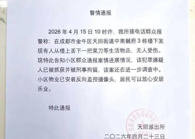 小区高空抛菜刀嫌疑人被刑拘