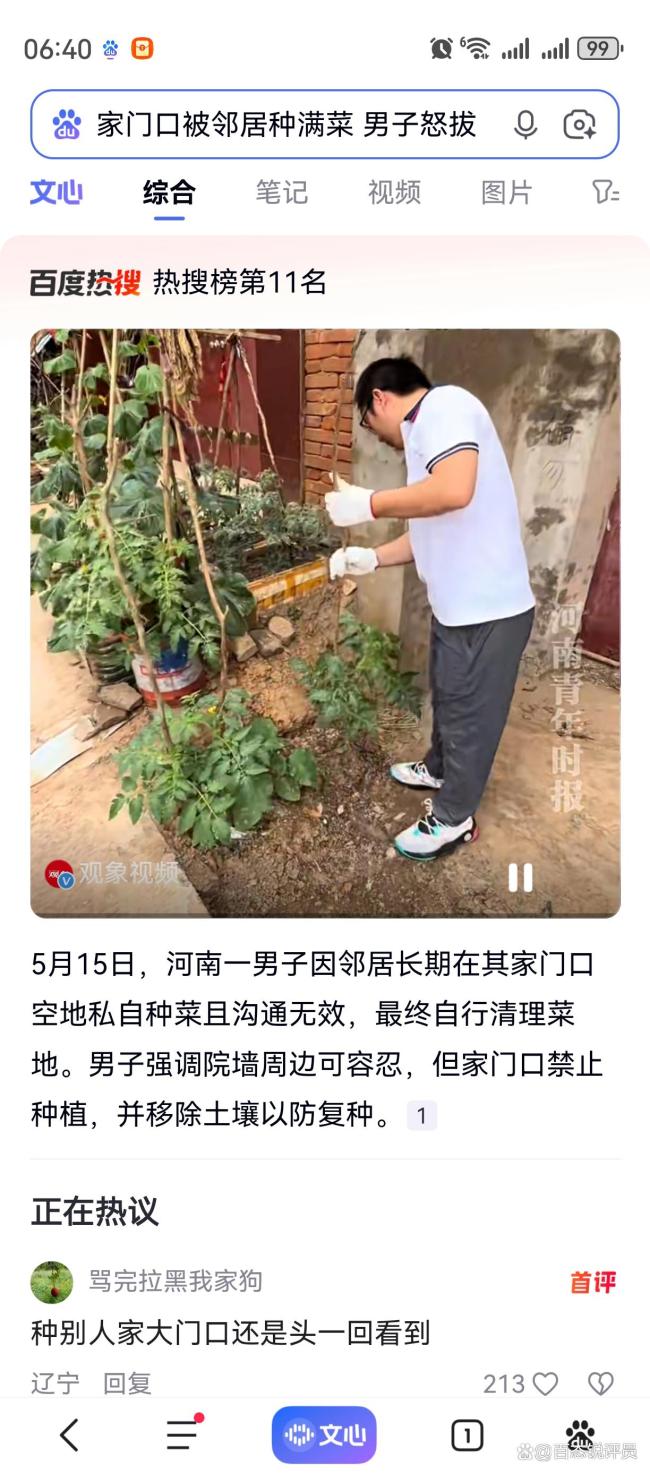 家门口被邻居种满菜 男子直接拔掉