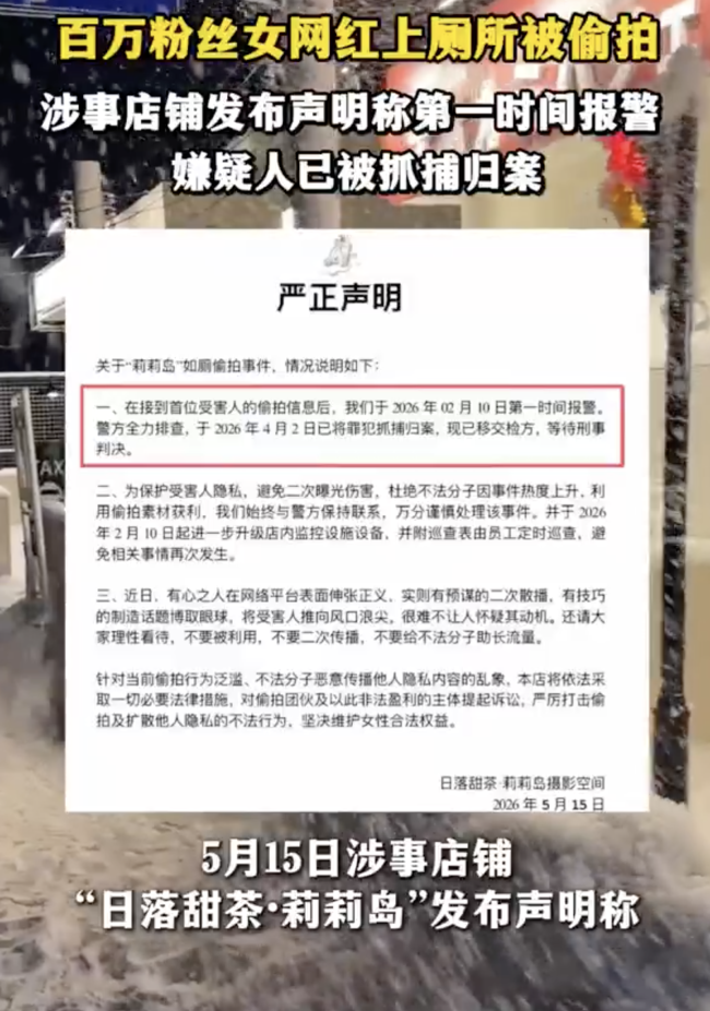 女网红上厕所被偷拍嫌犯被抓 店铺加强防护措施