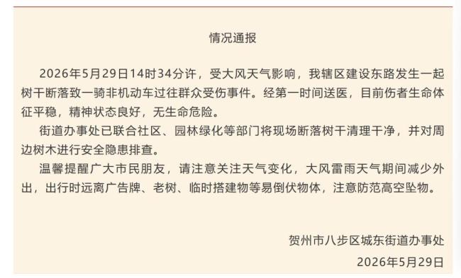 街道办回应骑行者被树枝砸中：伤者已送医，已将现场断落树干清理干净