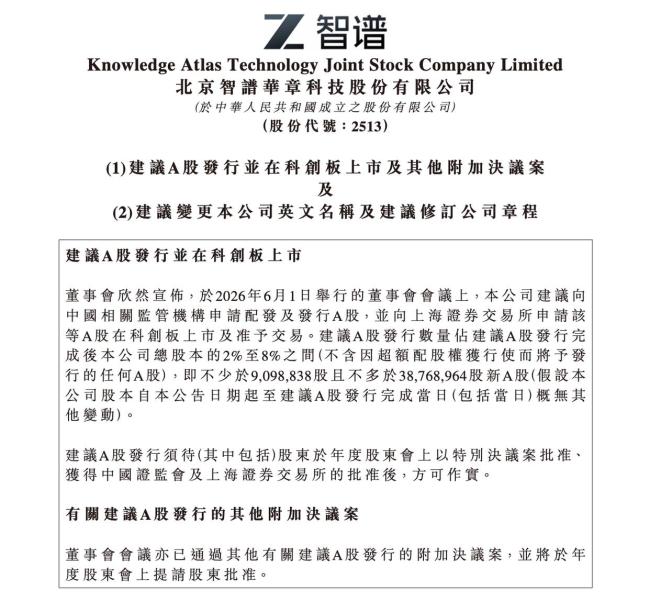 智譜建議A股發(fā)行并在科創(chuàng)板上市 擬募資投向大模型項(xiàng)目