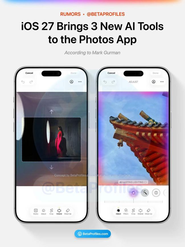 苹果iOS 27升级AI修图 新增Extend等工具